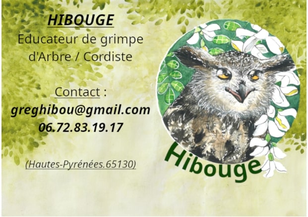 Carte de visite Hibouge présentant les activités de grimpe d'arbre dans les Pyrénées